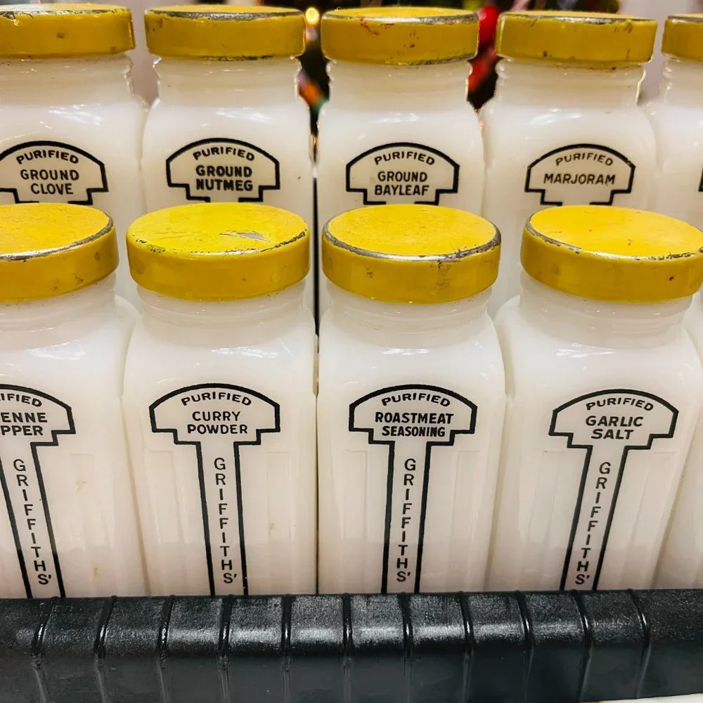 Retro milk glass Griffiths spice jar set of 12